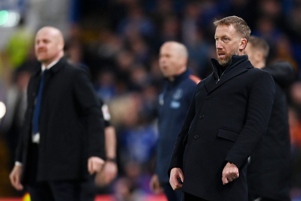 Graham Potter, Manager of Chelsea, reacts during the Premier League match between Chelsea FC and Everton FC at Stamford Bridge on March 18, 2023 in...