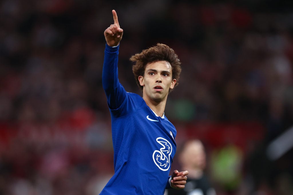 Joao Felix of Chelsea celebrates after scoring the team's first goal during the Premier League match between Manchester United and Chelsea FC at Ol...