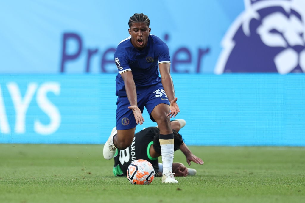 Andrey Santos #39 of Chelsea reacts after a play during the first half of the pre season friendly match against the Brighton & Hove Albionat Li...