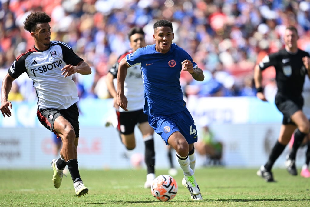 Angelo Gabriel of Chelsea races away from Antonee Robinson of Fulham during the Premier League Summer Series match between Chelsea FC and Fulham FC...