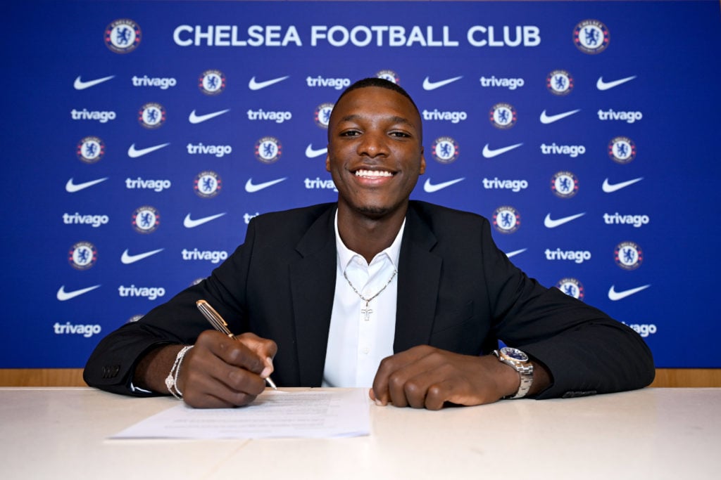 Chelsea Unveil New Signing Moises Caicedo at Chelsea Training Ground on August 14, 2023 in Cobham, England.