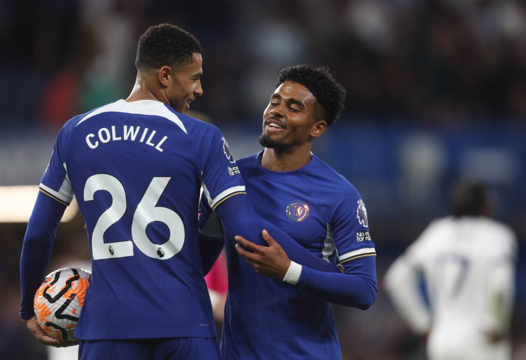 Chelsea's Levi Colwill and Ian Maatsen at the end of the match during the Premier League match between Chelsea FC and Luton Town at Stamford Bridge...
