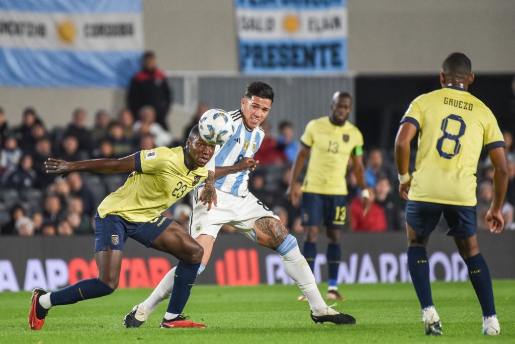Moises Caicedo, Carlos Gruezo and Enzo Fernandez of Argentina national team during the FIFA 2024 World Cup qualifying round match between Argentina...