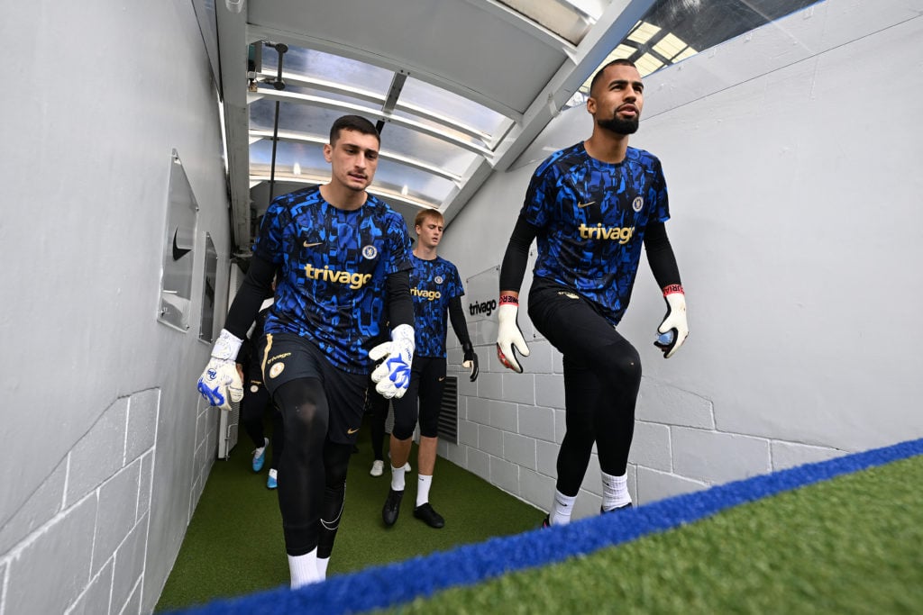 Djordje Petrovic and Robert Sanchez of Chelsea enter the pitch to warm up prior to the Premier League match between Chelsea FC and Nottingham Fores...