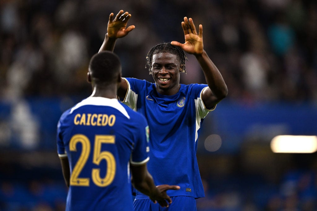 Moises Caicedo and Lesley Ugochukwu of Chelsea celebrate following their sides victory after the Carabao Cup Third Round match between Chelsea and ...