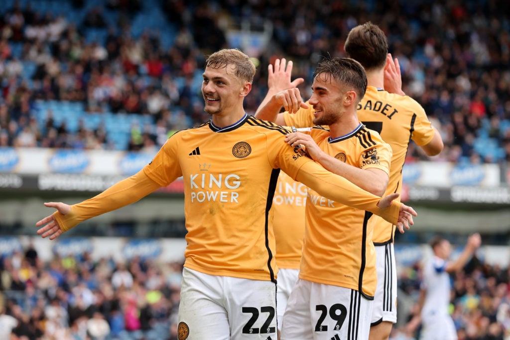 Kiernan Dewsbury-Hall of Leicester City celebrates with teammate Yunus Akgun after scoring the team's fourth goal during the Sky Bet Championship m...