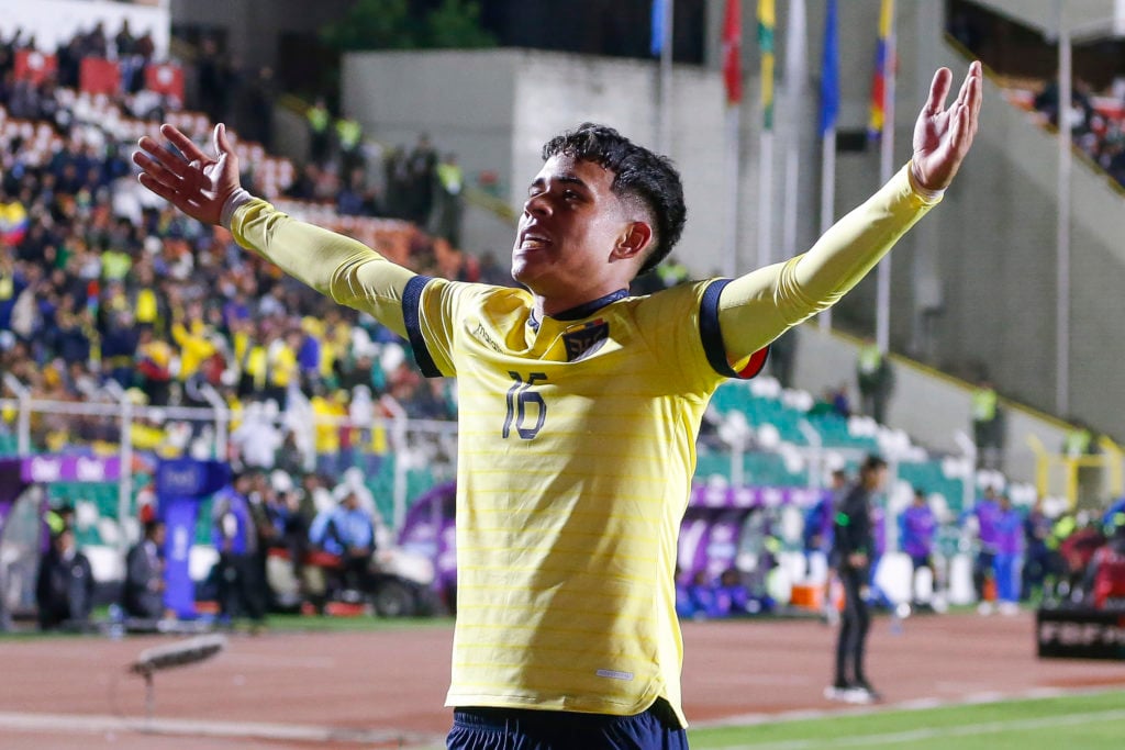 Kendry Paez of Ecuador celebrates after scoring the team's first goal during the FIFA World Cup 2026 Qualifier match between Bolivia and Ecuador at...