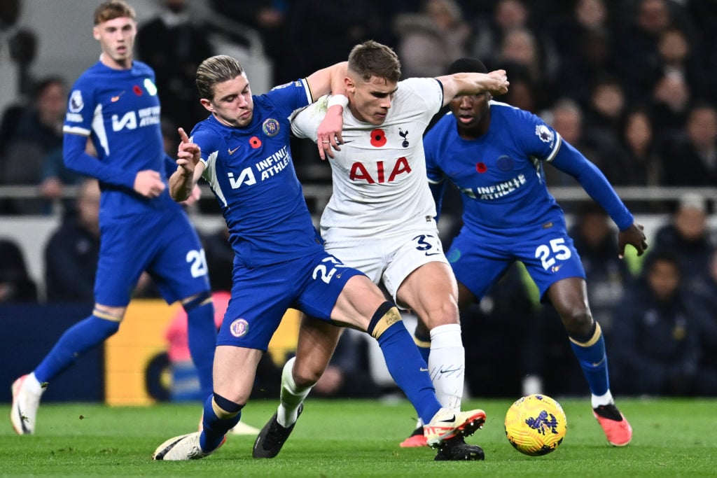 Conor Gallagher of Chelsea FC and Micky van de Ven of Tottenham Hotspur in action during the Premier League match between Tottenham Hotspur and Che...