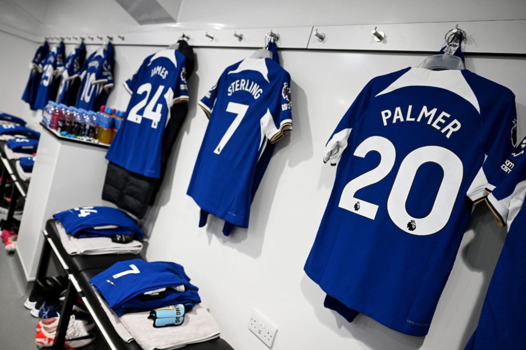 The shirt of Cole Palmer is displayed inside the Chelsea dressing room prior to the Premier League match between Manchester United and Chelsea FC a...