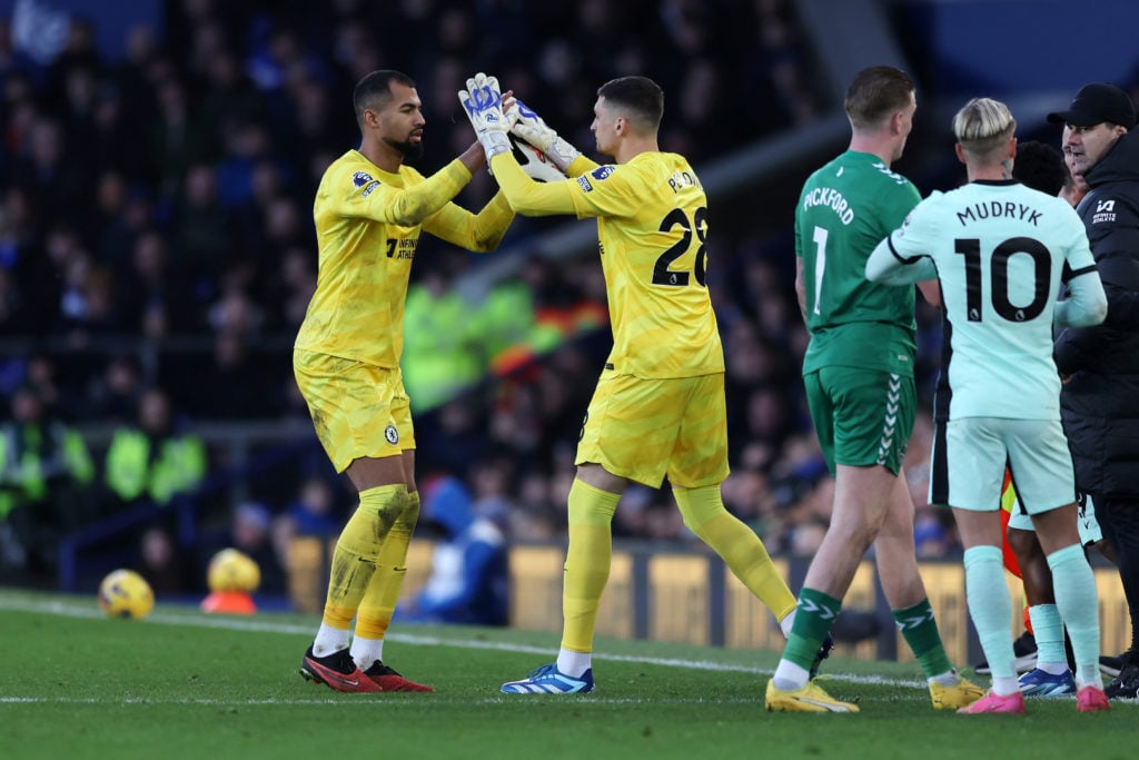 Robert Sanchez of Chelsea is substituted off for Djordje Petrovic during the Premier League match between Everton FC and Chelsea FC at Goodison Par...