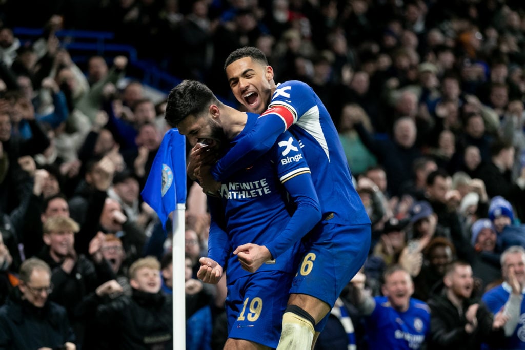 Armando Broja of Chelsea celebrates with Levi Colwill of Chelsea after scoring his team's first goal during the Emirates FA Cup Third Round match b...