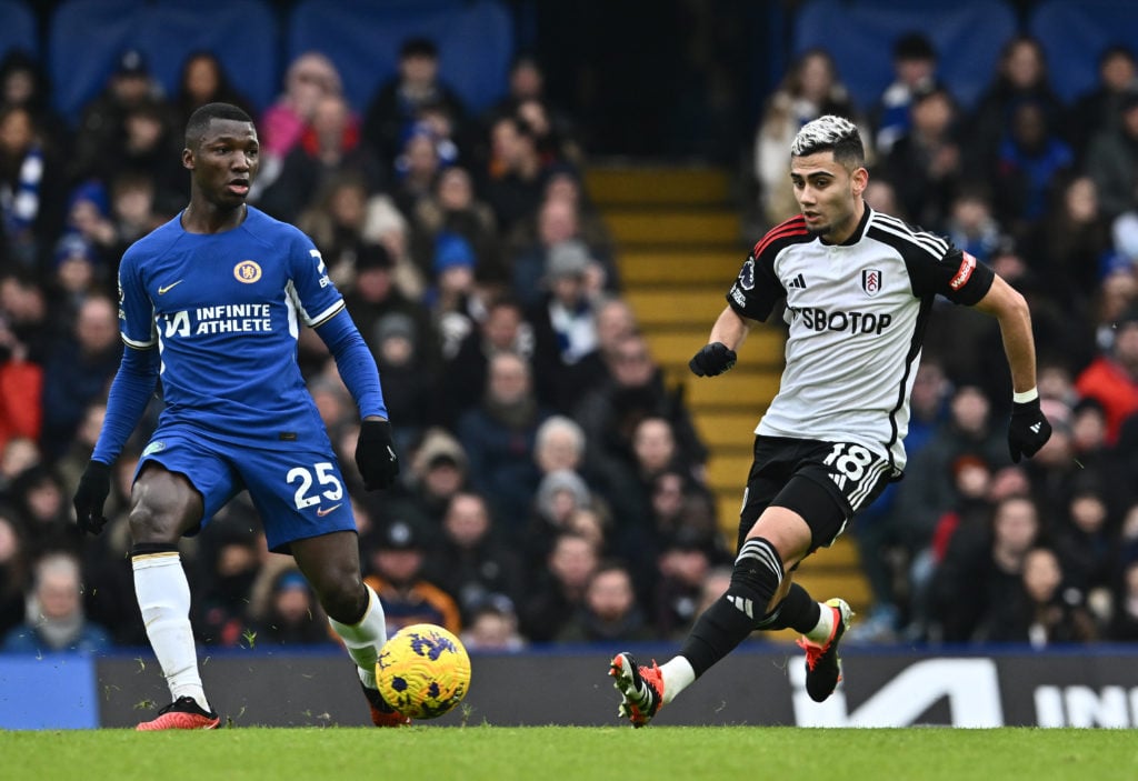 Moises Caicedo of Chelsea and Andreas Pereira of Fulham during the Premier League match between Chelsea FC and Fulham FC at Stamford Bridge on Janu...