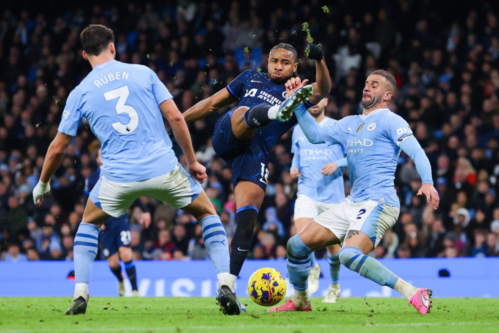 Christopher Nkunku of Chelsea shoots during the Premier League match between Manchester City and Chelsea FC at Etihad Stadium on February 17, 2024 ...