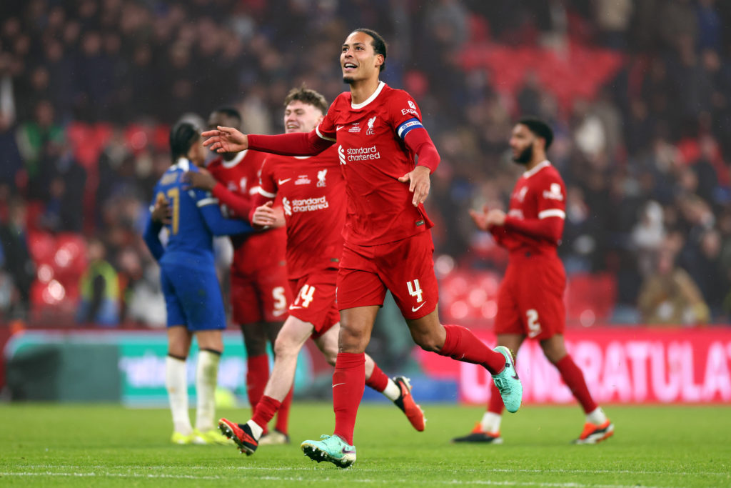 Virgil van Dijk of Liverpool celebrates during the Carabao Cup Final match between Chelsea and Liverpool at Wembley Stadium on February 25, 2024 in...