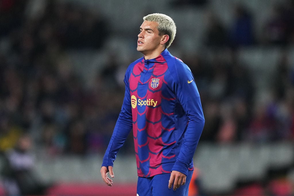 Marc Guiu of FC Barcelona looks on whilst warming up prior to the LaLiga EA Sports match between FC Barcelona and RCD Mallorca at Estadi Olimpic Ll...