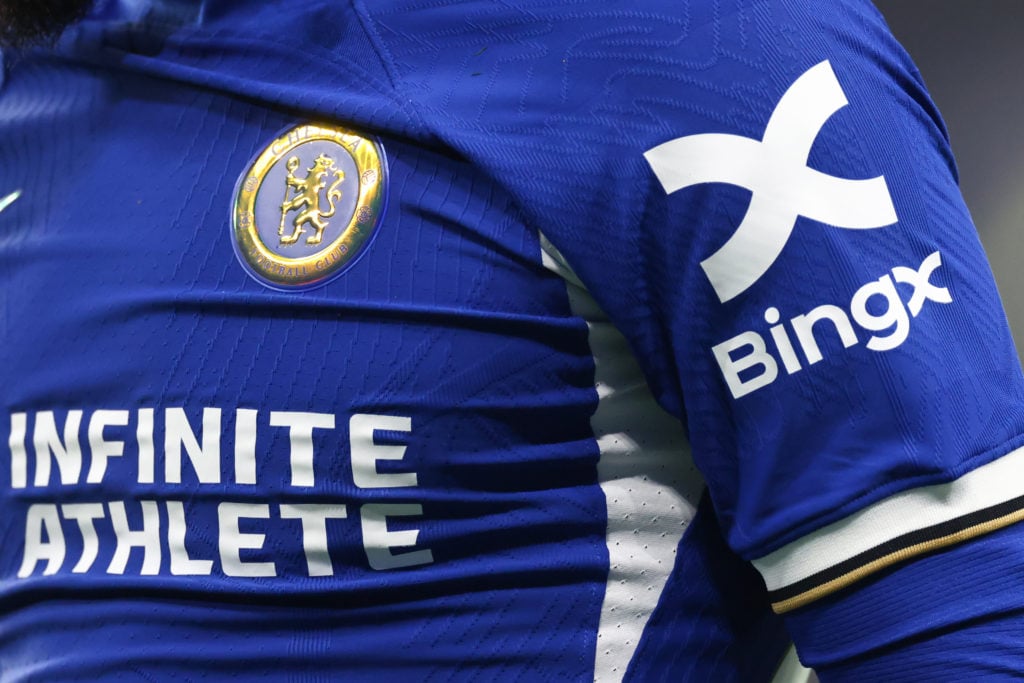 Bing X and Infinite Athlete branding on a Chelsea shirt during the Premier League match between Chelsea FC and Newcastle United at Stamford Bridge ...