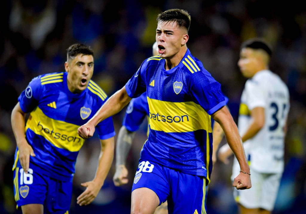 Aaron Anselmino of Boca Juniors celebrates after scoring the team's first goal during the Copa CONMEBOL Sudamericana 2024 group D match between Boc...