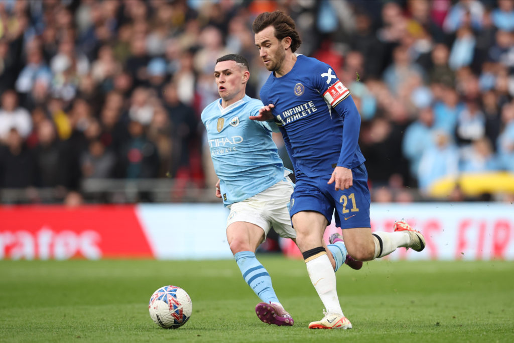 Phil Foden of Manchester City and Ben Chilwell of Chelsea challenge during the Emirates FA Cup Semi Final match between Manchester City and Chelsea...