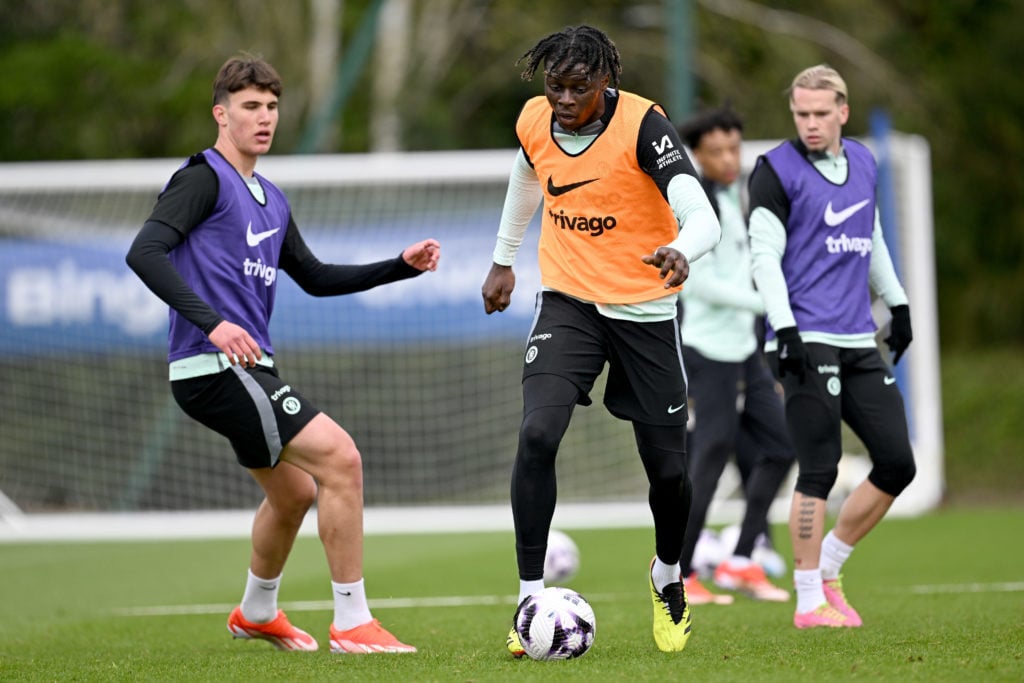 Cesare Casadei and Lesley Ugochukwu of Chelsea during a training session at Chelsea Training Ground on April 22, 2024 in Cobham, England.