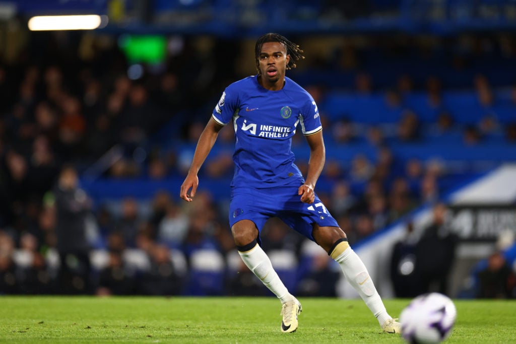 Carney Chukwuemeka of Chelsea  during the Premier League match between Chelsea FC and Everton FC at Stamford Bridge on April 15, 2024 in London, En...