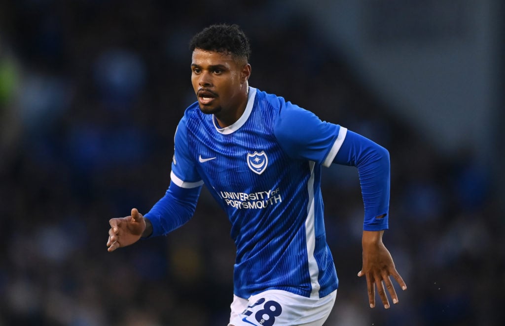 Tino Anjorin of Portsmouth looks on during the Sky Bet League One match between Portsmouth and Barnsley at Fratton Park on April 16, 2024 in Portsm...