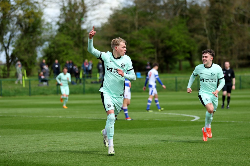 Frankie Runham of Chelsea celebrates scoring their second goal during the U18 Premier League match between Reading U18 and Chelsea U18 at Bearwood ...