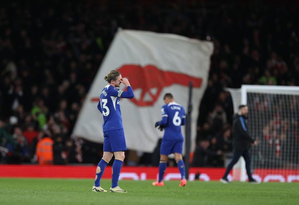 Conor Gallagher of Chelsea stand dejected after the Premier League match between Arsenal FC and Chelsea FC at Emirates Stadium on April 23, 2024 in...