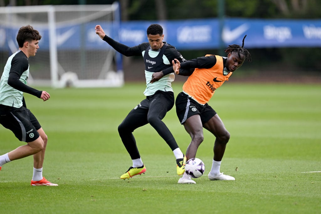 Levi Colwill and Trevoh Chalobah of Chelsea during a open training session at Chelsea Training Ground on April 25, 2024 in Cobham, England.