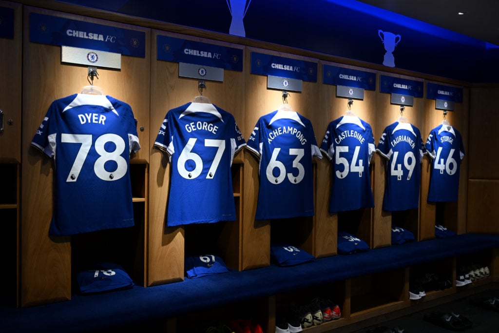 A general view of the match shirts of Kiano Dyer, Tyrique George, Josh-Kofi Acheampong, Leo Castledine, Jimi Tauriainen and Zak Sturge in the Chels...