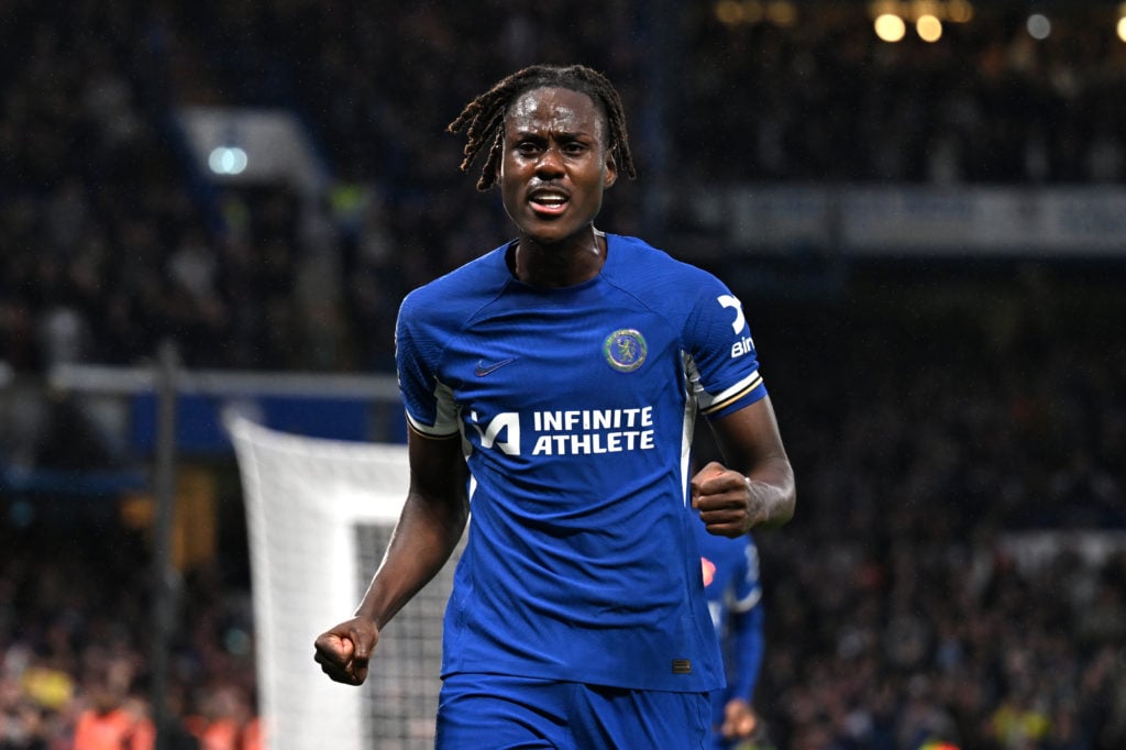 Trevoh Chalobah of Chelsea celebrates scoring his team's first goal during the Premier League match between Chelsea FC and Tottenham Hotspur at Sta...