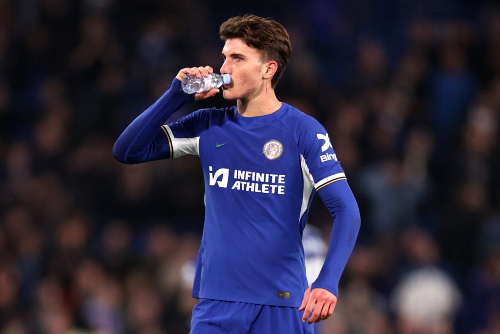 Cesare Casadei of Chelsea pauses for a drink during the Premier League match between Chelsea FC and Tottenham Hotspur at Stamford Bridge on May 02,...