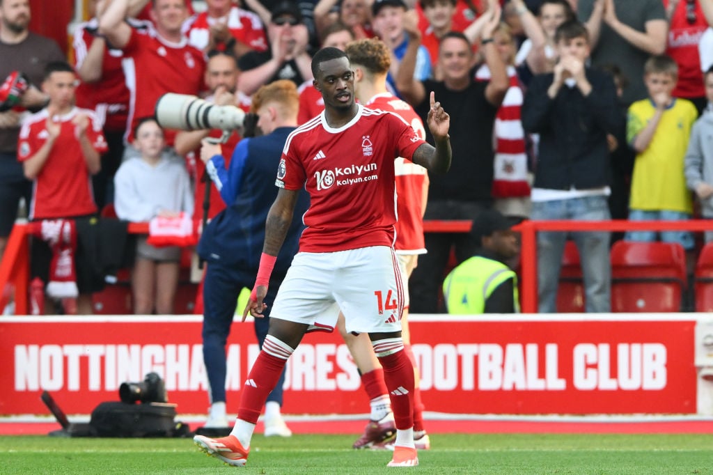 Callum Hudson-Odoi of Nottingham Forest is celebrating after scoring a goal to make it 2-1 during the Premier League match between Nottingham Fores...