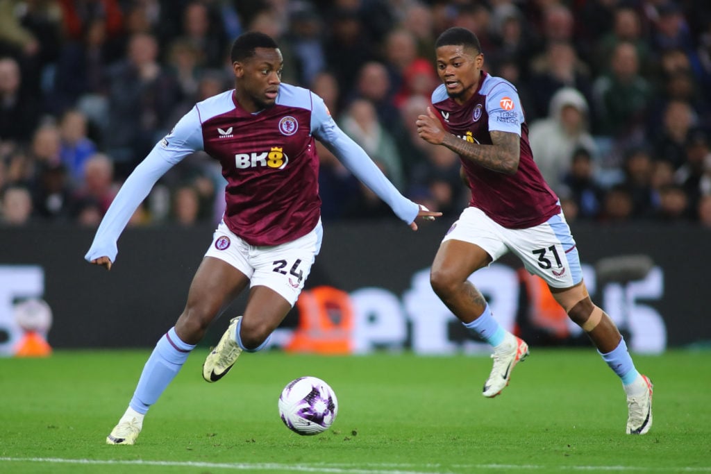 Jhon Duran of Aston Villa in action with teammate Leon Bailey during the Premier League match between Aston Villa and Liverpool FC at Villa Park on...