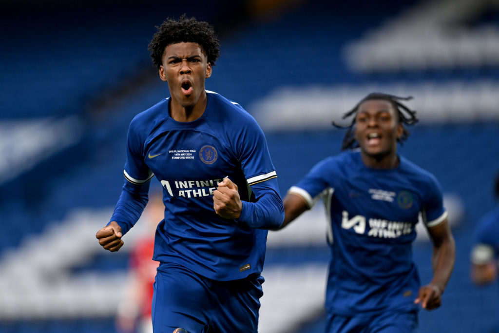 Josh-Kofi Acheampong of Chelsea celebrates scoring their first goal during the U18 Premier League Final match between Chelsea U18 and Manchester Un...