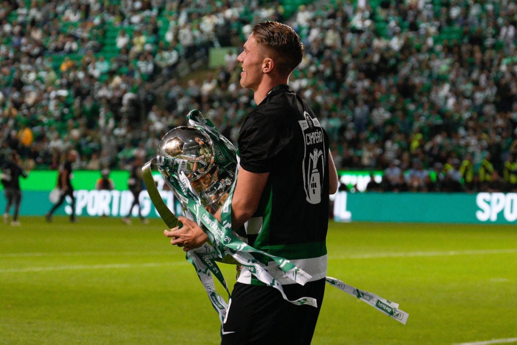 Viktor Gyokeres of Sporting CP holds the trophy of Liga Portugal during the Liga Portugal BWIN football match between Sporting CP and GD Chaves at ...