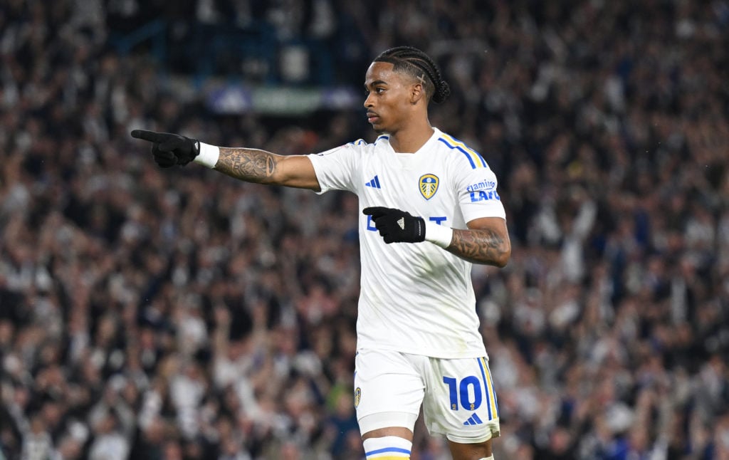 Crysencio Summerville of Leeds United celebrates scoring his team's fourth goal during the Sky Bet Championship Play-Off Semi-Final 2nd Leg match b...