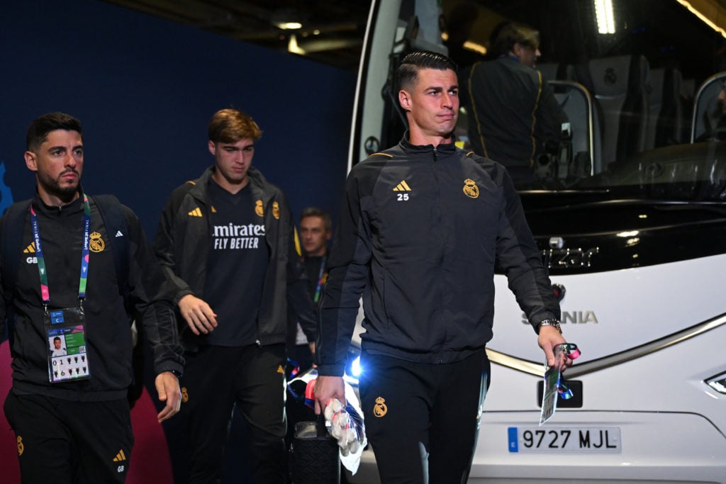 Kepa Arrizabalaga of Real Madrid arrives at the stadium prior to a Real Madrid CF Training Session ahead of their UEFA Champions League 2023/24 Fin...