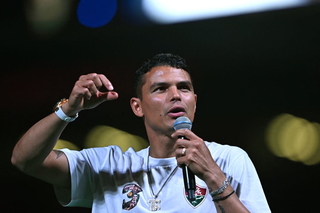 Brazil's defender Thiago Silva speaks to supporters during his presentation as new player of Brazil's Fluminense at the Maracana Stadium in Rio de ...