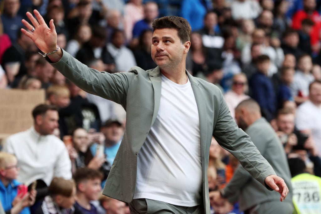 Mauricio Pochettino, Manager of World XI acknowledges the fans prior to Soccer Aid for UNICEF 2024 at Stamford Bridge on June 09, 2024 in London, E...