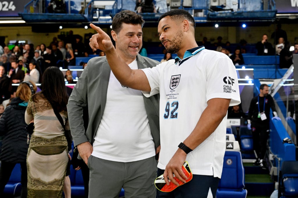 Mauricio Pochettino, Manager of World XI interacts with Steven Bartlett of England during Soccer Aid for UNICEF 2024 at Stamford Bridge on June 09,...