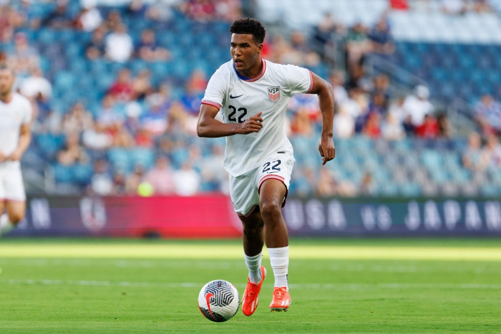 Caleb Wiley #22 of the United States U23 dribbles the ball during an under 23 game between Japan and USMNT at Children's Mercy Park on June 11, 202...