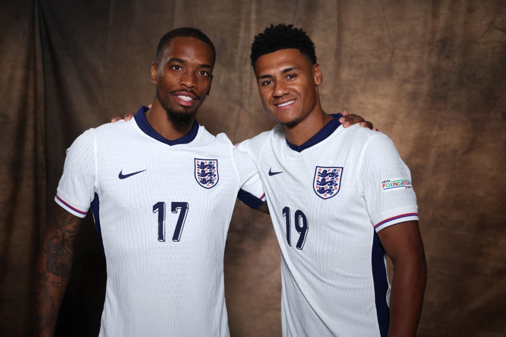 Ivan Toney and Ollie Watkins of England pose for a photo at the Weimarer Land Hotel on June 11, 2024 in Jena, Germany.