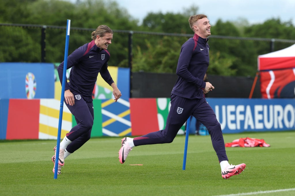 Conor Gallagher and Cole Palmer of England rea during a training session at Spa & Golf Resort Weimarer Land on June 15, 2024 in Blankenhain, Ge...