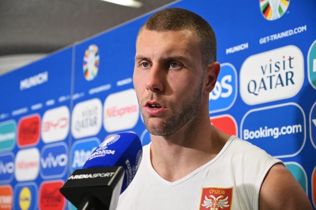 Strahinja Pavlovic of Serbia speaks to the media in the flash interview afterg the UEFA EURO 2024 group stage match between Slovenia and Serbia at ...