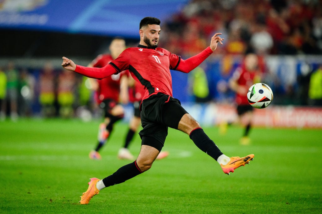 Armando Broja of Albania controls the ball during the UEFA EURO 2024 group stage match between Albania and Spain at Düsseldorf Arena on June 24, 20...
