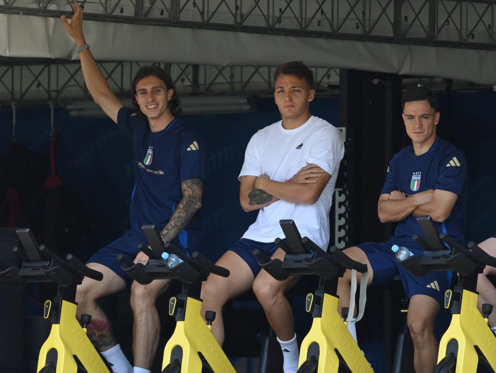 Riccardo Calafiori, Mateo Retegui an Giacomo Raspadori of Italy look on during Italy training session at Hemberg-Stadion on June 26, 2024 in Iserlo...