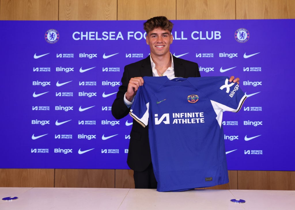 Chelsea Unveil New Signing Marc Guiu at Cobham Training Ground on July 1, 2024 in Cobham, England.