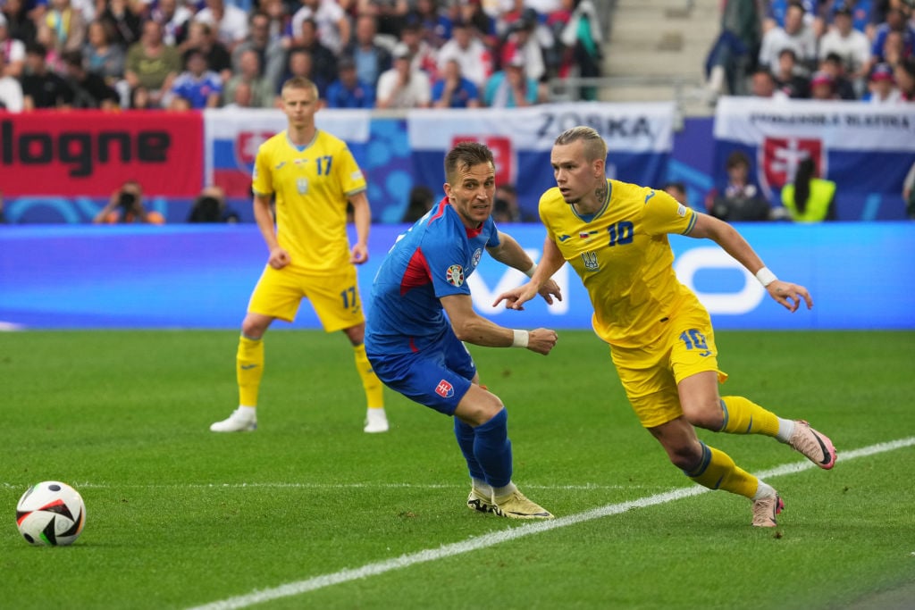 Mykhailo Mudryk of Ukraine in action during the UEFA EURO 2024 group stage match between Slovakia and Ukraine at Düsseldorf Arena on June 21, 2024 ...