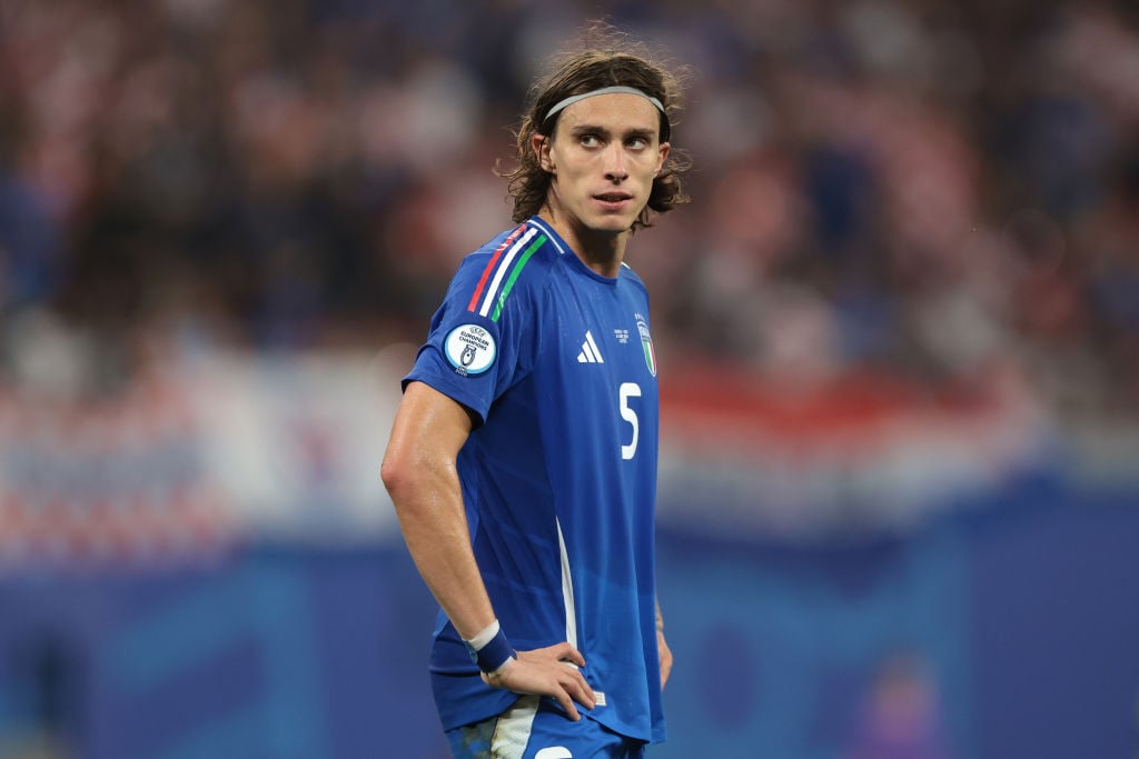 Riccardo Calafiori of Italy reacts during the UEFA EURO 2024 group stage match between Croatia and Italy at Football Stadium Leipzig on June 24, 20...