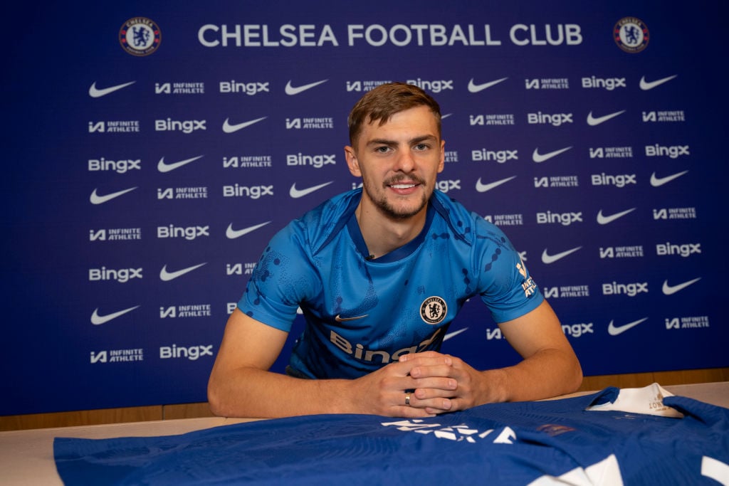 Chelsea unveil new signing Kiernan Dewsbury-Hall at Cobham Training Ground on July 2, 2024 in Cobham, England.